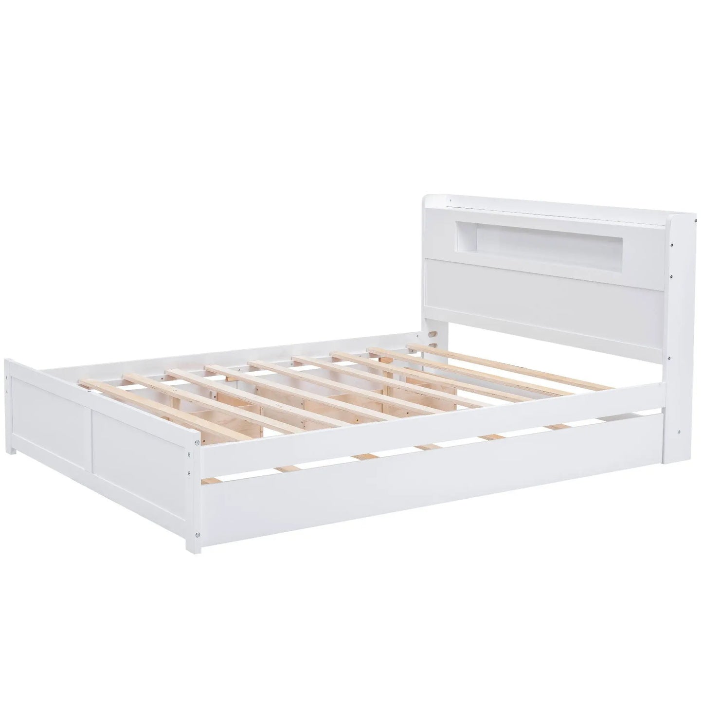 White storage platform bed frame with slatted foundation and built-in headboard on Tampa Home & Garden Store