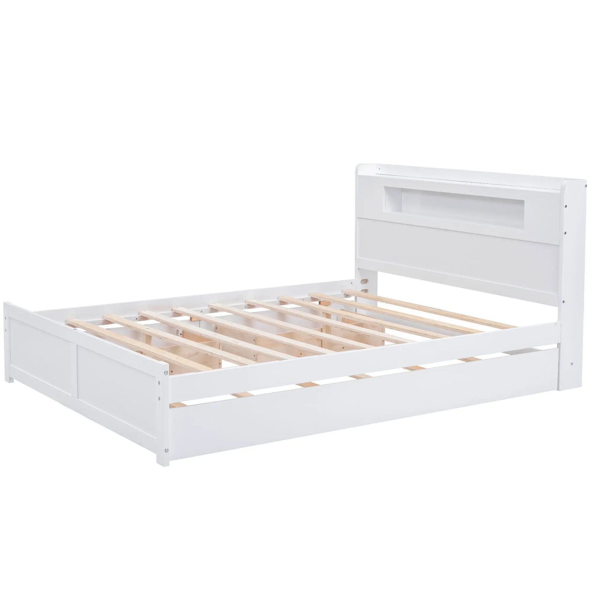 White storage platform bed frame with slatted foundation and built-in headboard on Tampa Home & Garden Store
