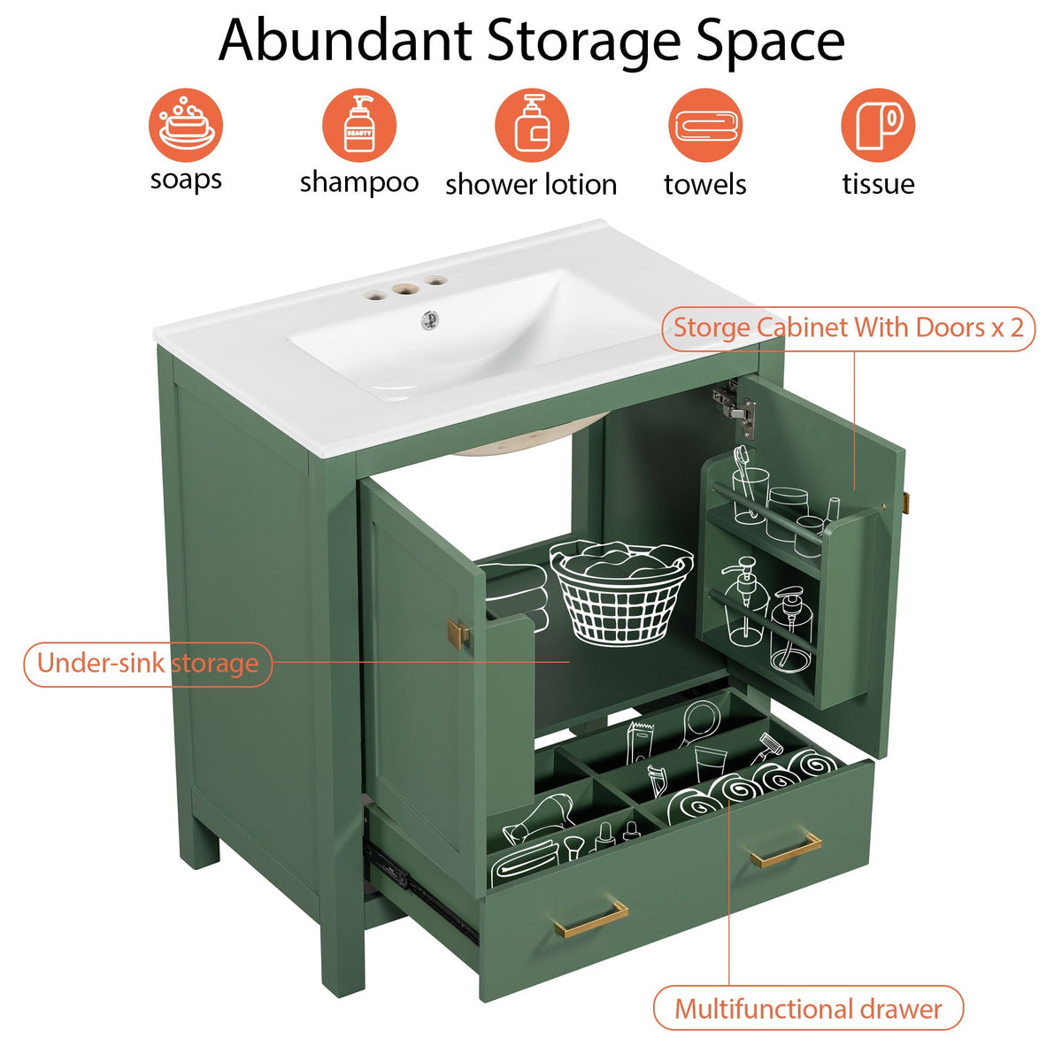 Green bathroom vanity with single undermount sink and under-sink storage by HouseOfZazla on Tampa Home & Garden Store