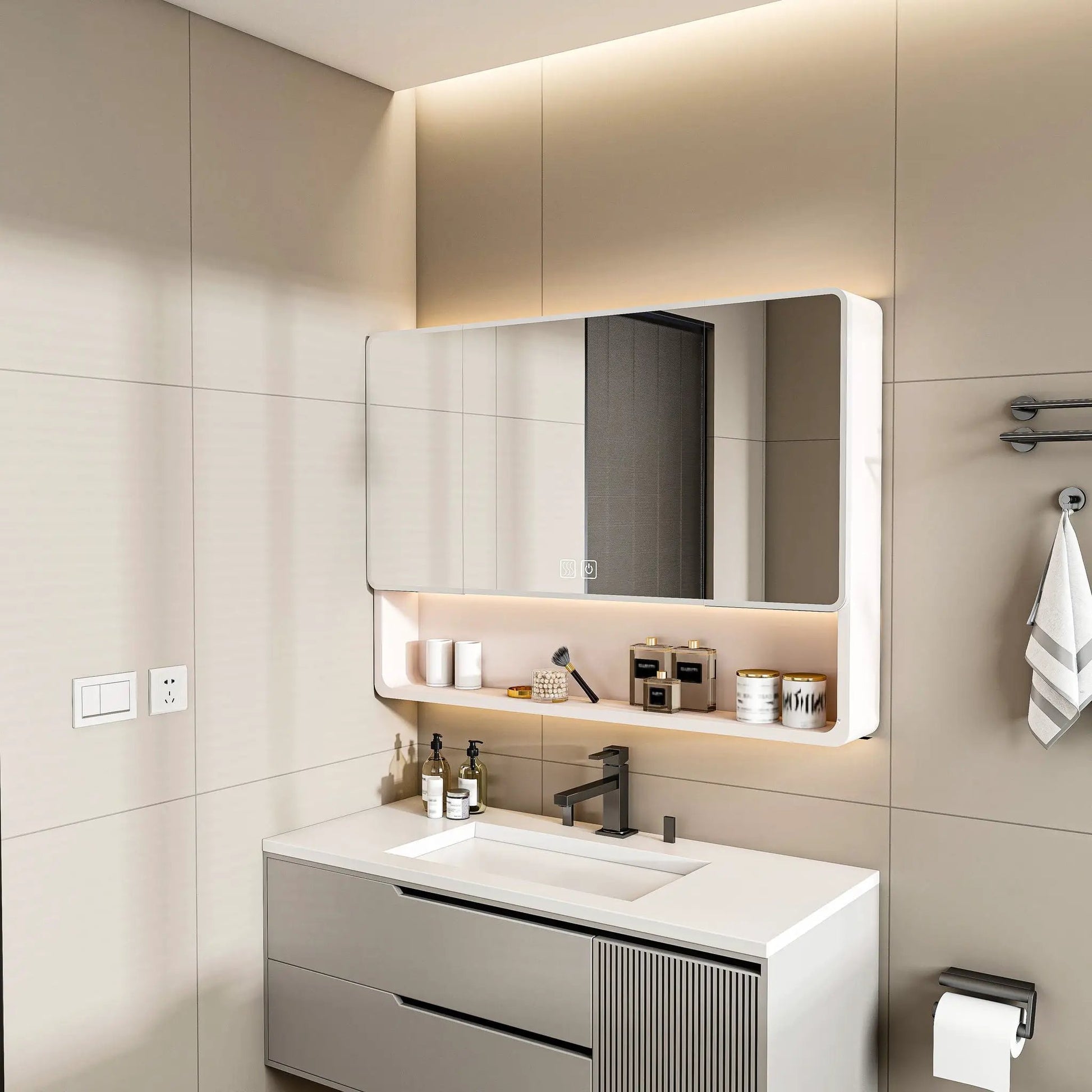 Aluminium medicine cabinet mirror khaki with 3-color LED lighting and defogging on Tampa Home & Garden Store