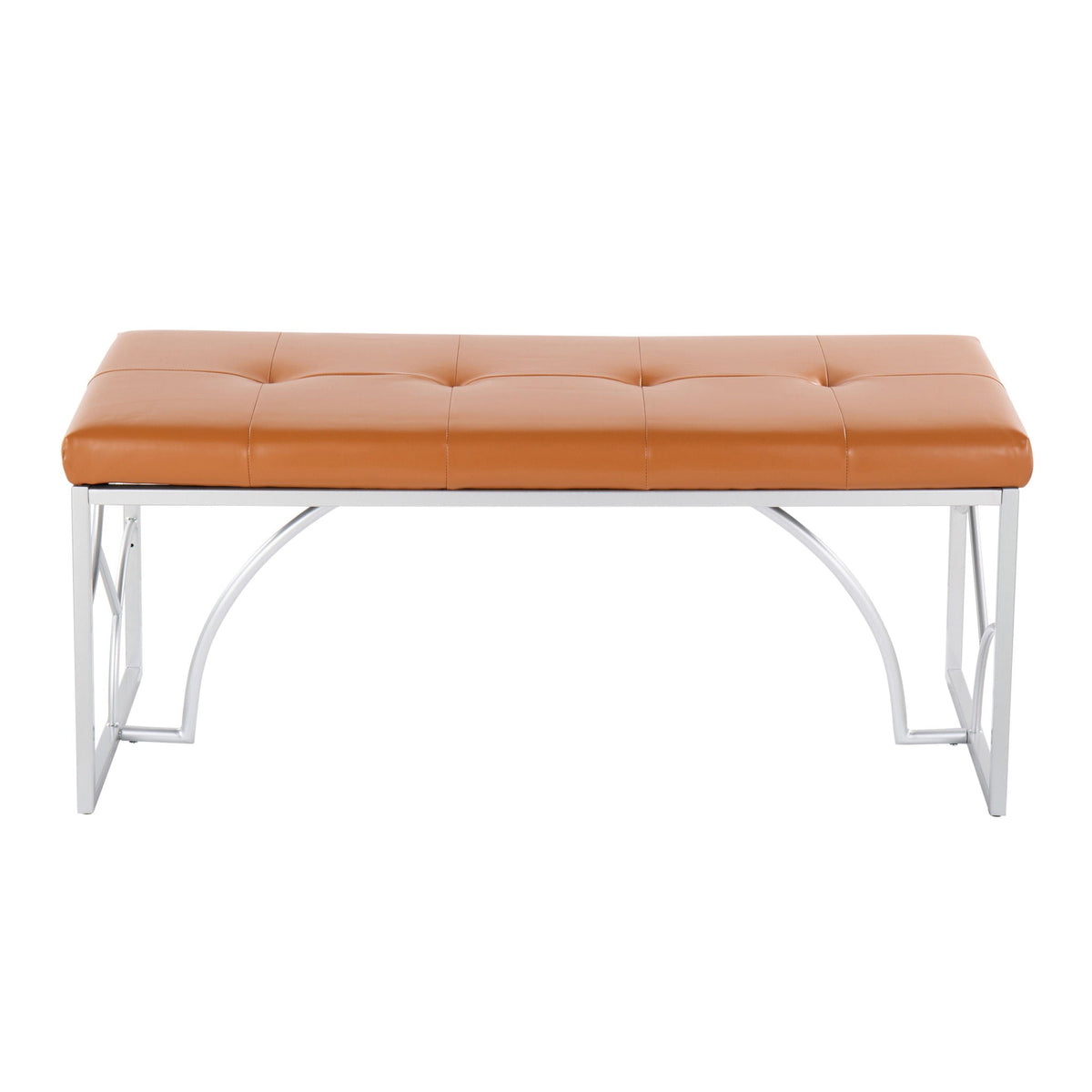 Upholstered bench orange faux leather with tufted cushion and chrome metal frame HouseOfZazla on Tampa Home & Garden Store