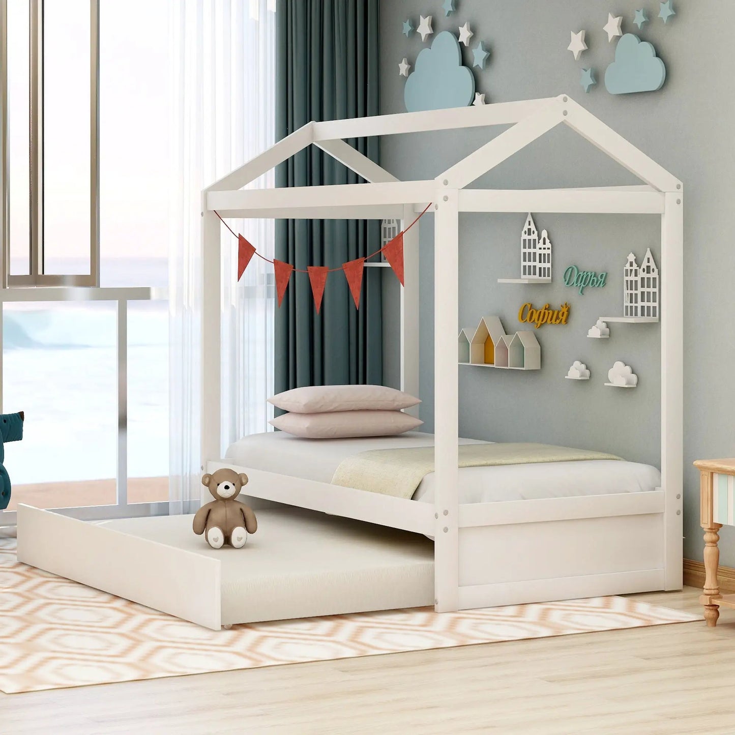 House Bed With Trundle In Twin Size White