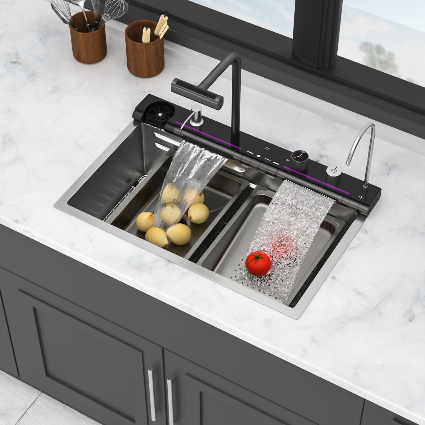 Single Bowl Kitchen Sink And The Smart Led Faucet