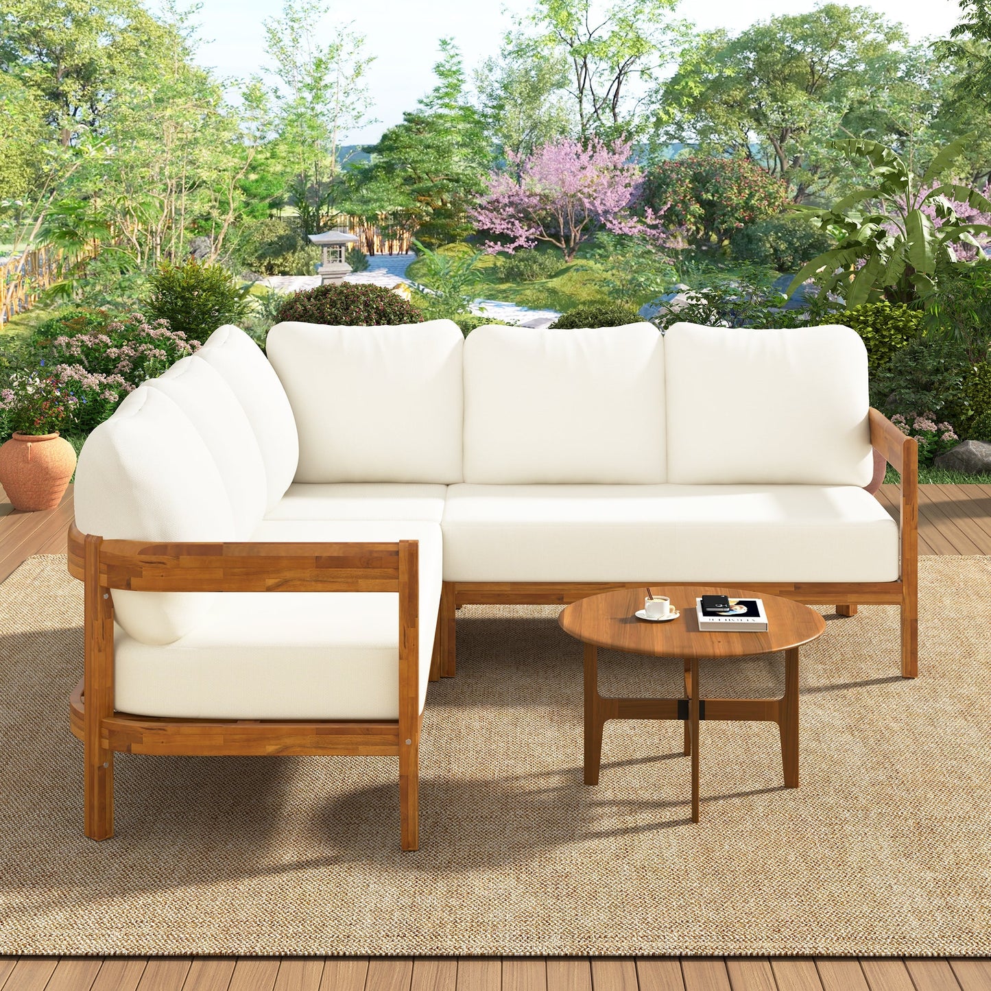 U_Style Acacia Solid Wood Patio Set with white cushions; sofa and round table in natural wood on Tampa Home & Garden Store