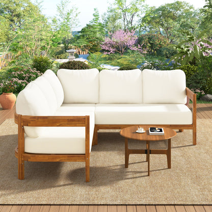 U_Style Acacia Solid Wood Patio Set with white cushions; sofa and round table in natural wood on Tampa Home & Garden Store
