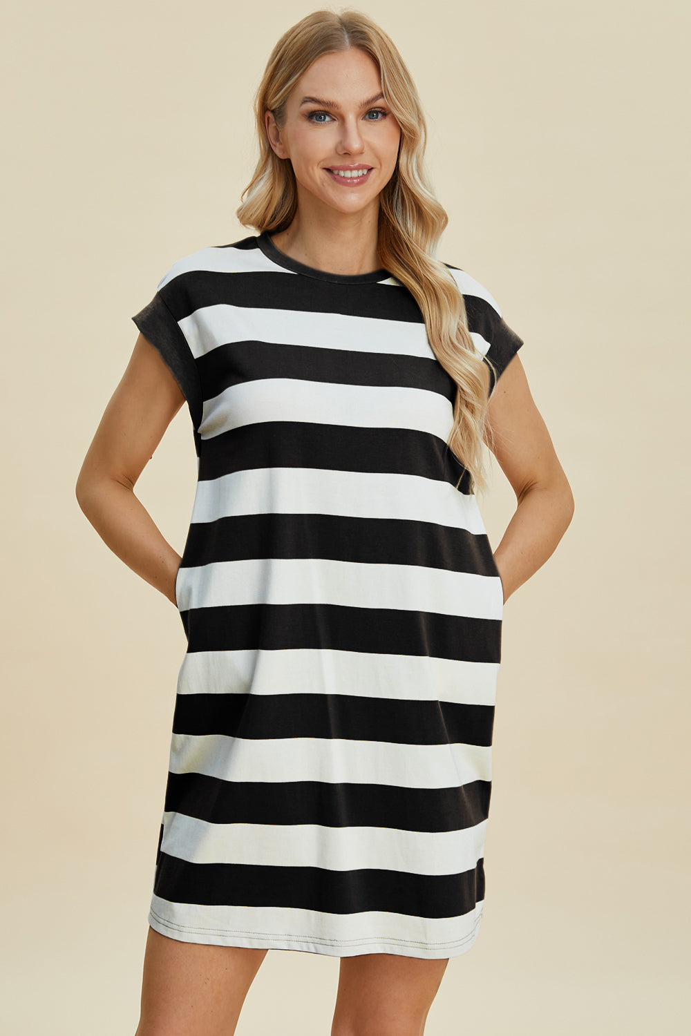 Striped round-neck cap-sleeve mini dress by Stevvex, black and white, casual chic on Tampa Home & Garden Store