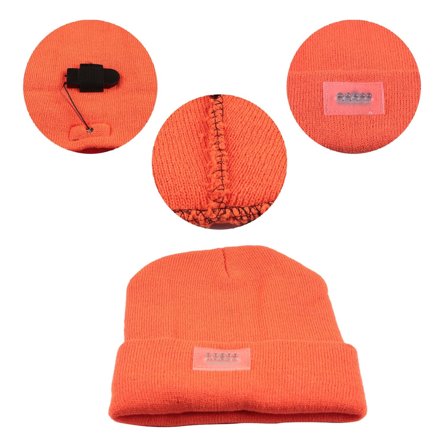 Unisex 5 LED knitted beanie with built-in headlamp in bright orange, pink label patch on Tampa Home & Garden Store