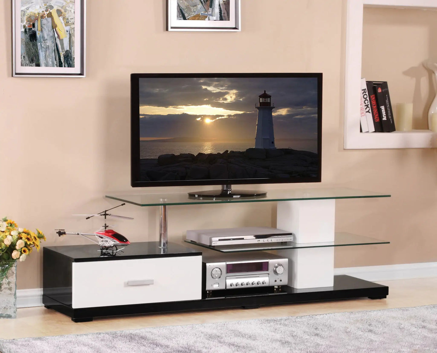 Ivana TV Stand White/Black by Unique Piece Furniture with glass shelves on Tampa Home & Garden Store