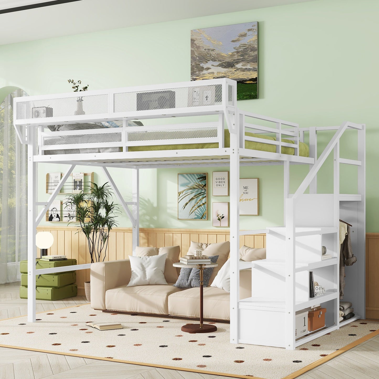 Queen size loft bed with stairs, white metal frame and storage shelves by HouseOfZazla on Tampa Home & Garden Store