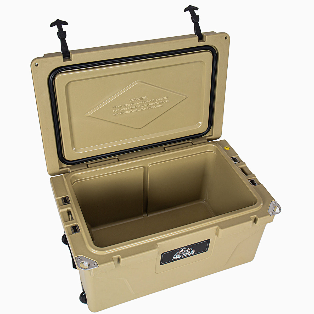Khaki 65QT hard cooler box with heavy-duty design, rubber gasket seal, deck box storage on Tampa Home & Garden Store