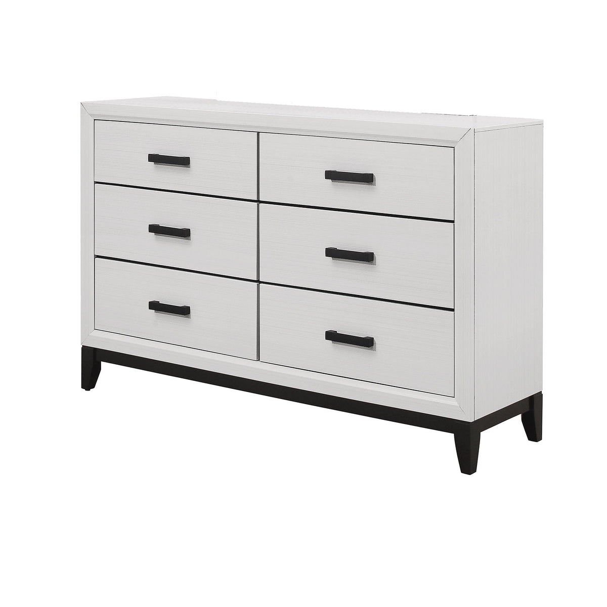 Mirage Dresser with six drawers in white finish, black bar pulls, elevated base, HouseOfZazla on Tampa Home & Garden Store