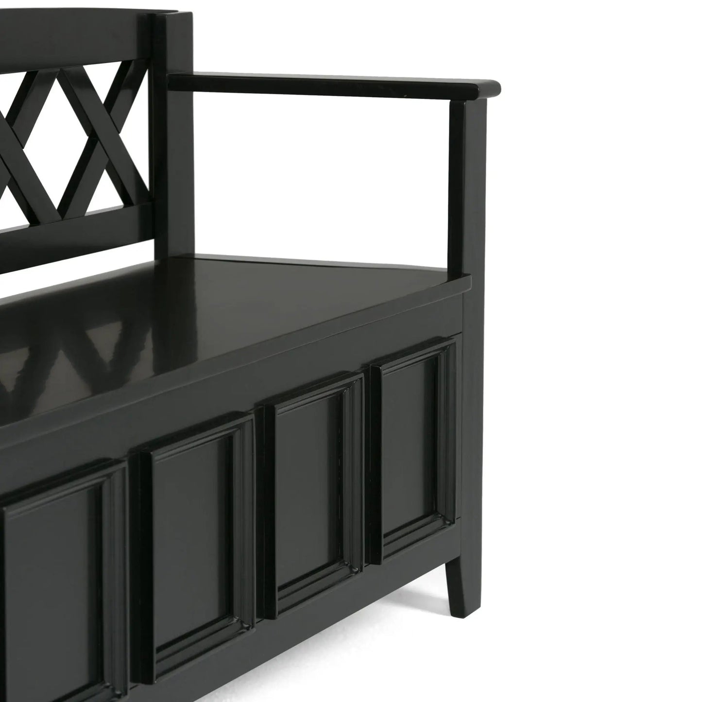 Amherst entryway storage bench in black with crisscross back and drawers on Tampa Home & Garden Store
