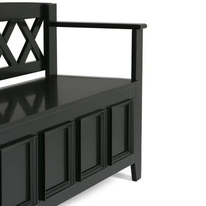 Amherst entryway storage bench in black with crisscross back and drawers on Tampa Home & Garden Store