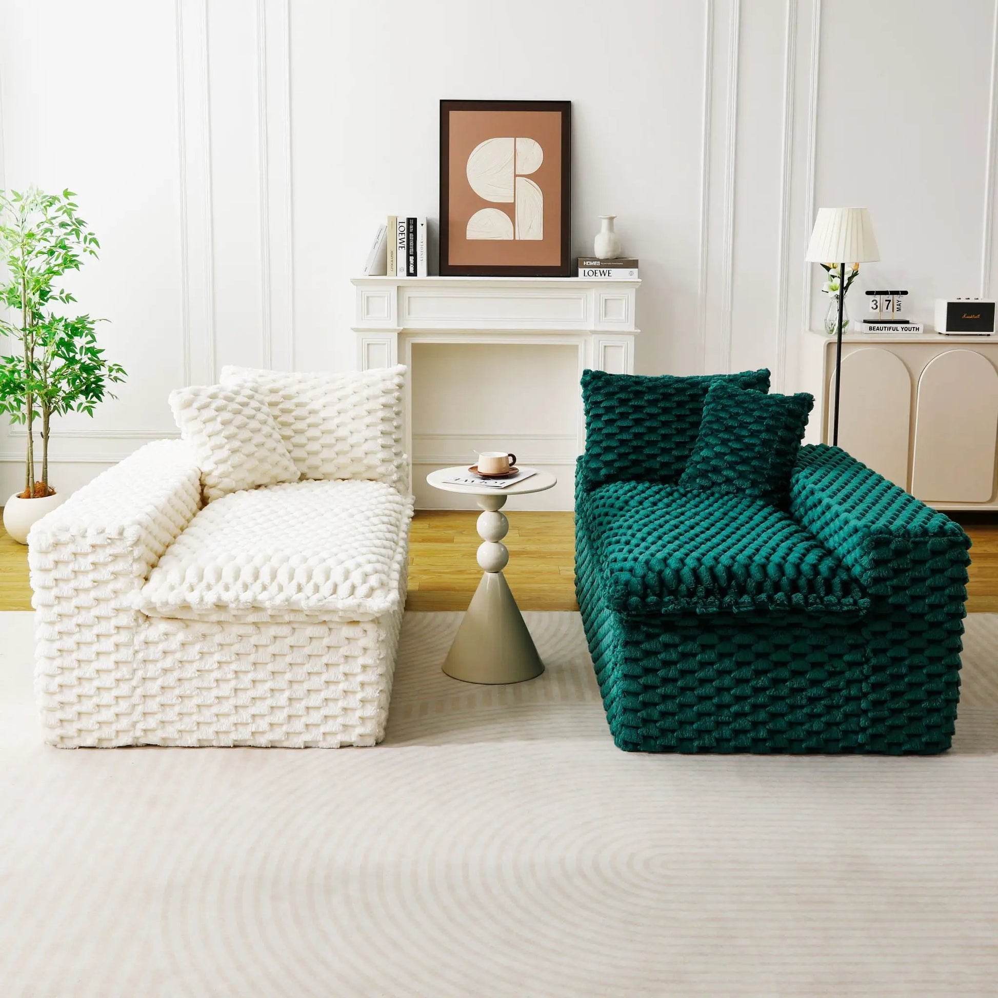 Stationary sofa set with white and teal chunky-knit upholstery, 2-piece living room duo on Tampa Home & Garden Store