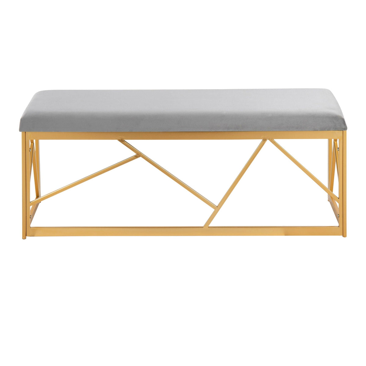 Glam upholstered bench with gray fabric cushion and gold geometric metal frame by HouseOfZazla on Tampa Home & Garden Store