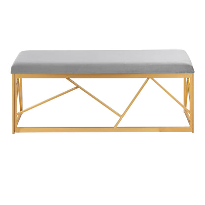 Glam upholstered bench with gray fabric cushion and gold geometric metal frame by HouseOfZazla on Tampa Home & Garden Store