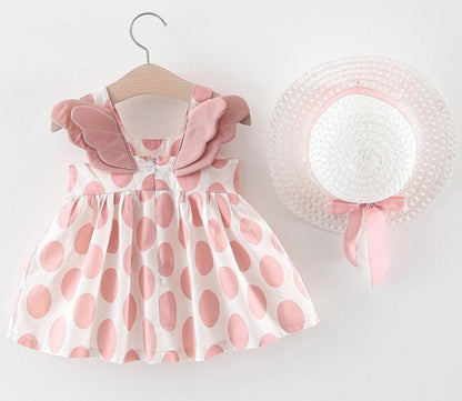 Stevvex newborn dress with hat; pink polka dot dress with wing sleeves and straw hat bow on Tampa Home & Garden Store