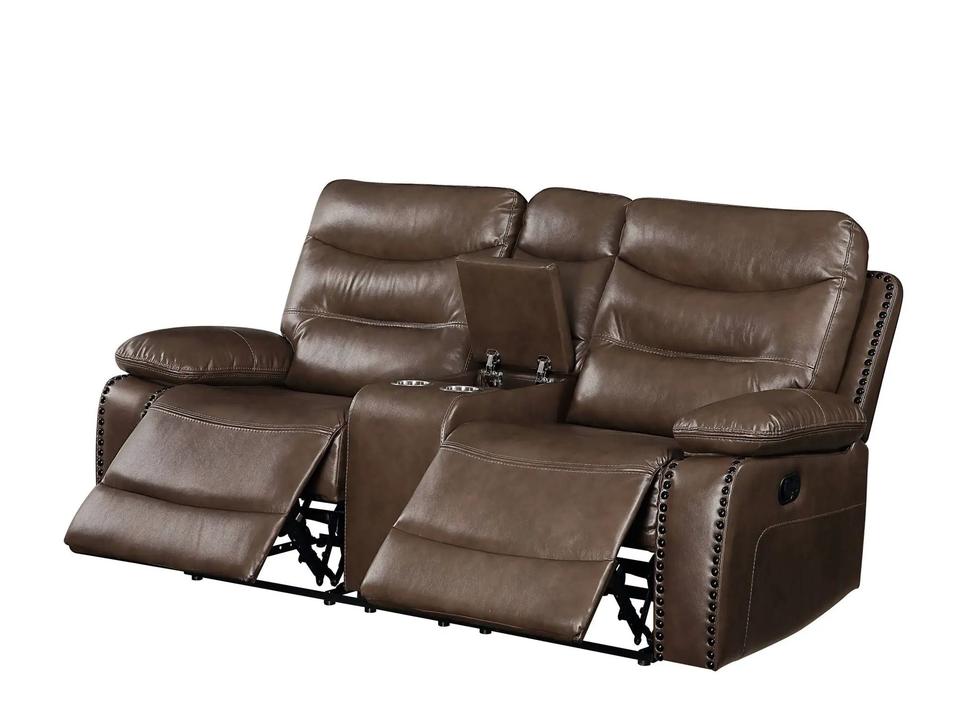 Aashi 3-Piece Leather Gel Match Recliner Set in brown leather with cupholders on Tampa Home & Garden Store