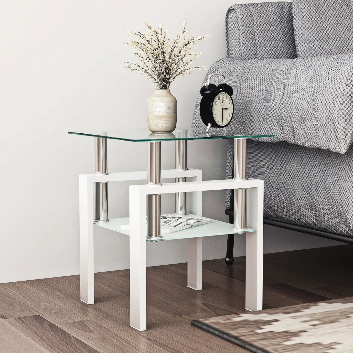 Modern tempered glass end table with white base and chrome legs for living room on Tampa Home & Garden Store