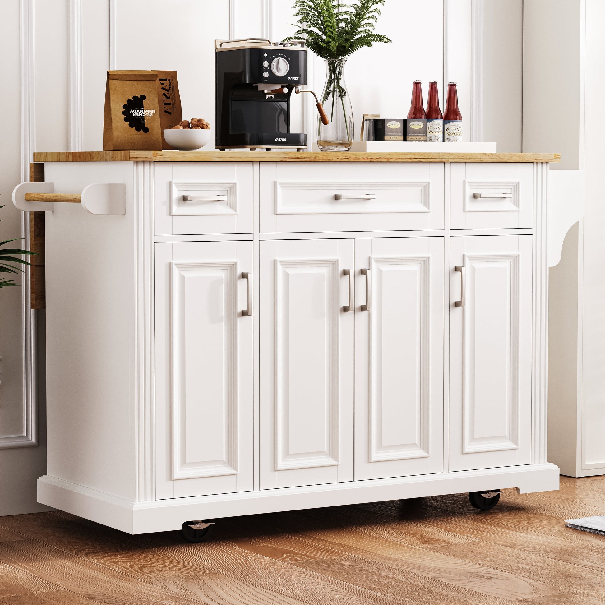 K&K 54-Inch Large Kitchen Island with Rubber Wood Drop Leaf, white cabinetry on casters on Tampa Home & Garden Store