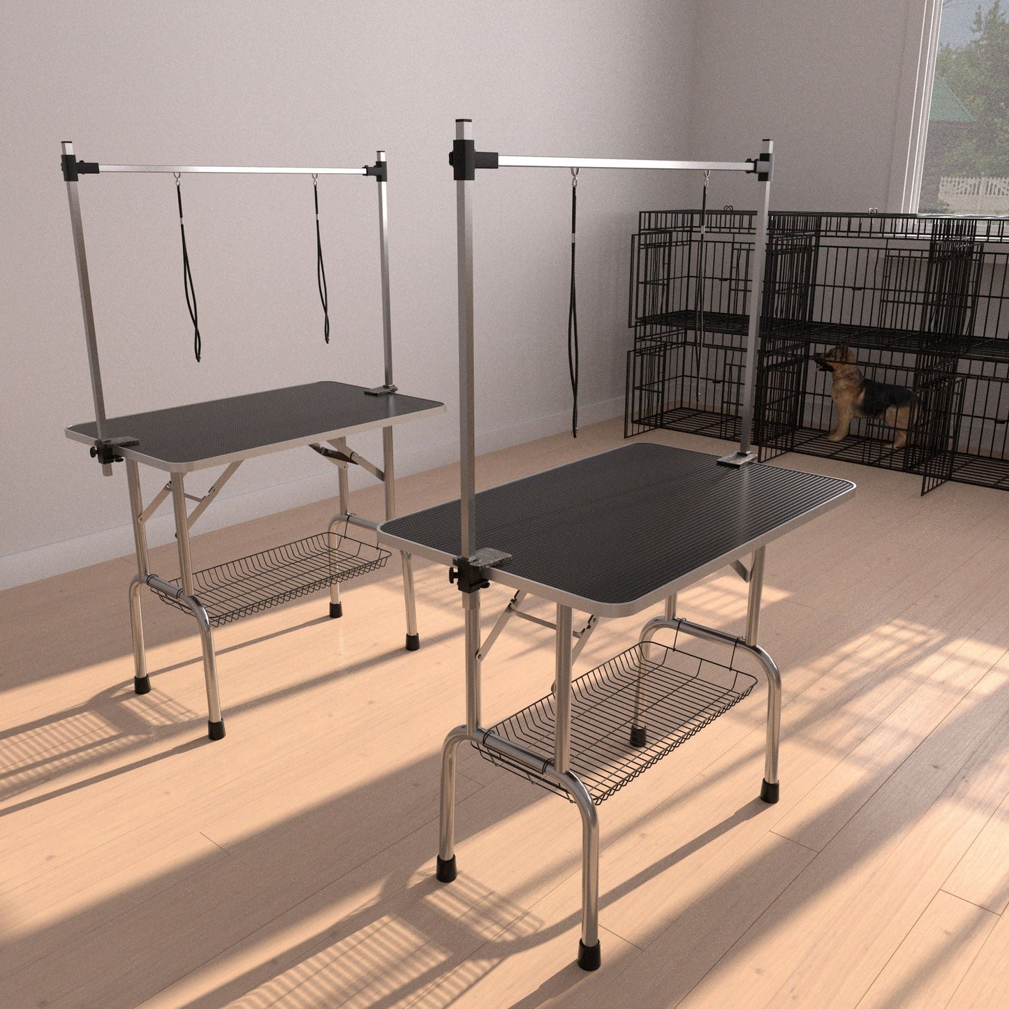 Pair of professional dog grooming tables with adjustable arms, nooses, black tops and mesh trays on Tampa Home & Garden Store
