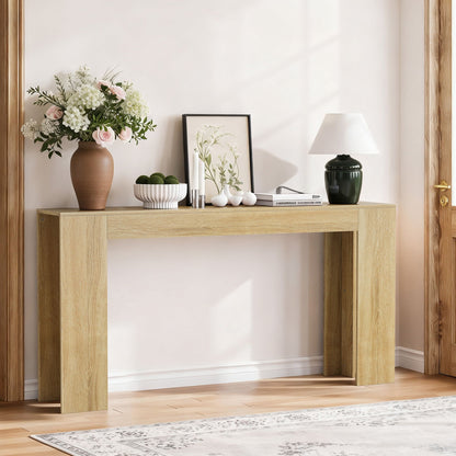 Farmhouse style console table in light oak with thick square legs, paired with vase and lamp on Tampa Home & Garden Store