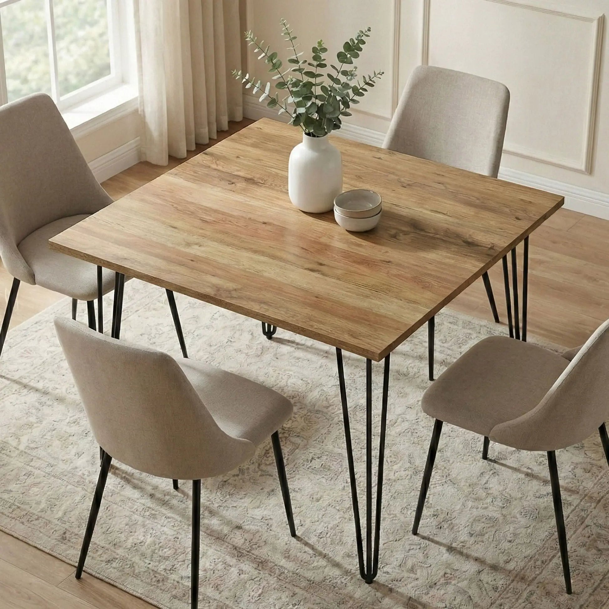 Hunter square dining table in light wood with black hairpin legs on Tampa Home & Garden Store