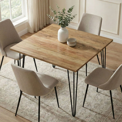Square mango wood dining table with black hairpin legs, natural finish by HouseOfZazla on Tampa Home & Garden Store