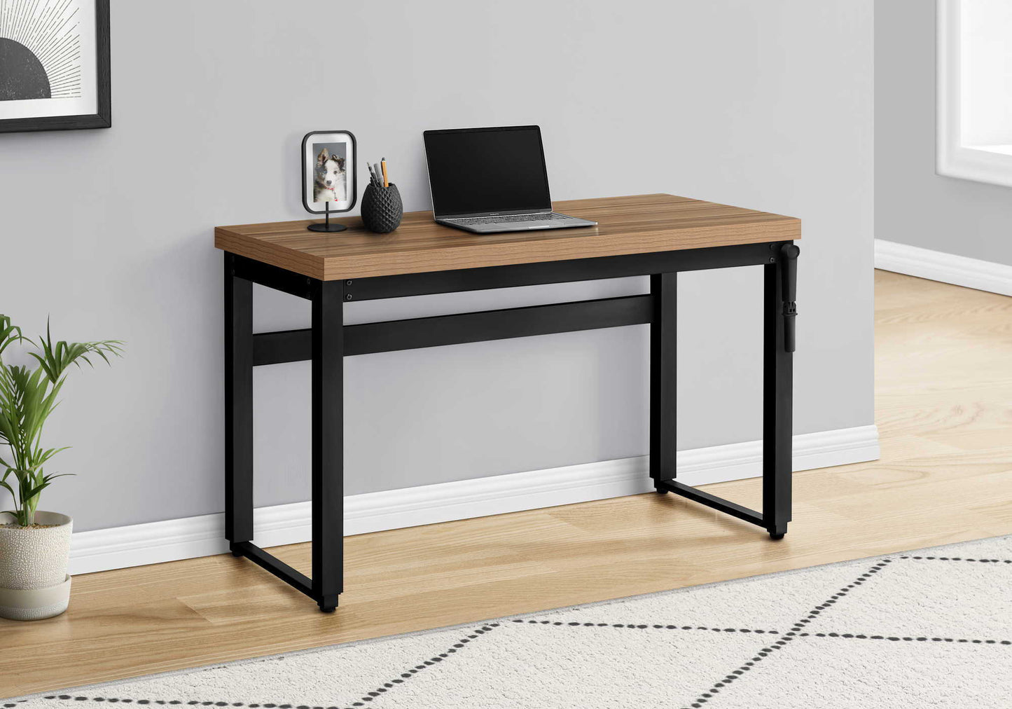 Adjustable standing computer desk with wood top and black metal frame laptop and desk accessories on Tampa Home & Garden Store