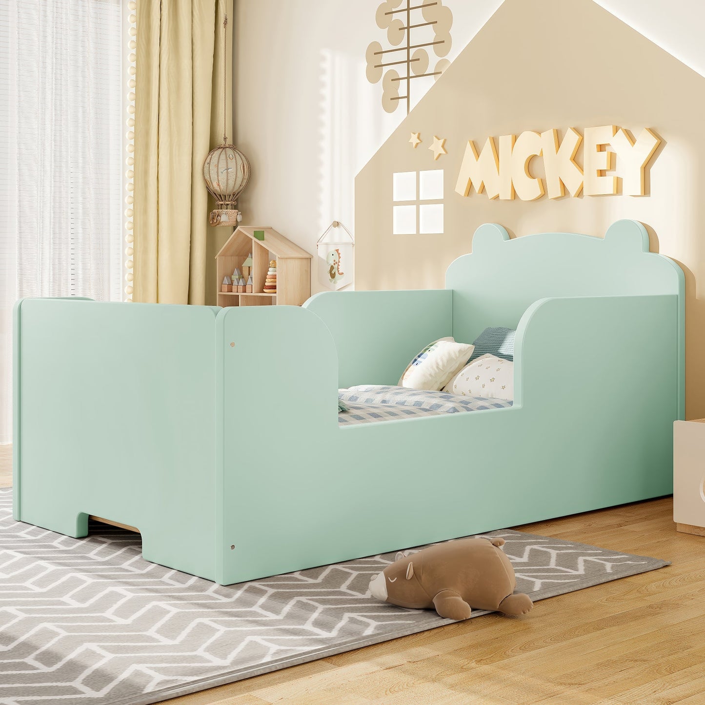Toddler bear-shaped floor bed frame in mint green with cloud headboard for kids ages 3–6 on Tampa Home & Garden Store