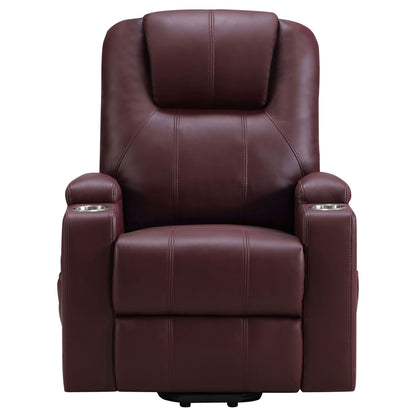 Macklin Power Lift Massage Recliner in burgundy leather with dual cupholders on the armrests on Tampa Home & Garden Store