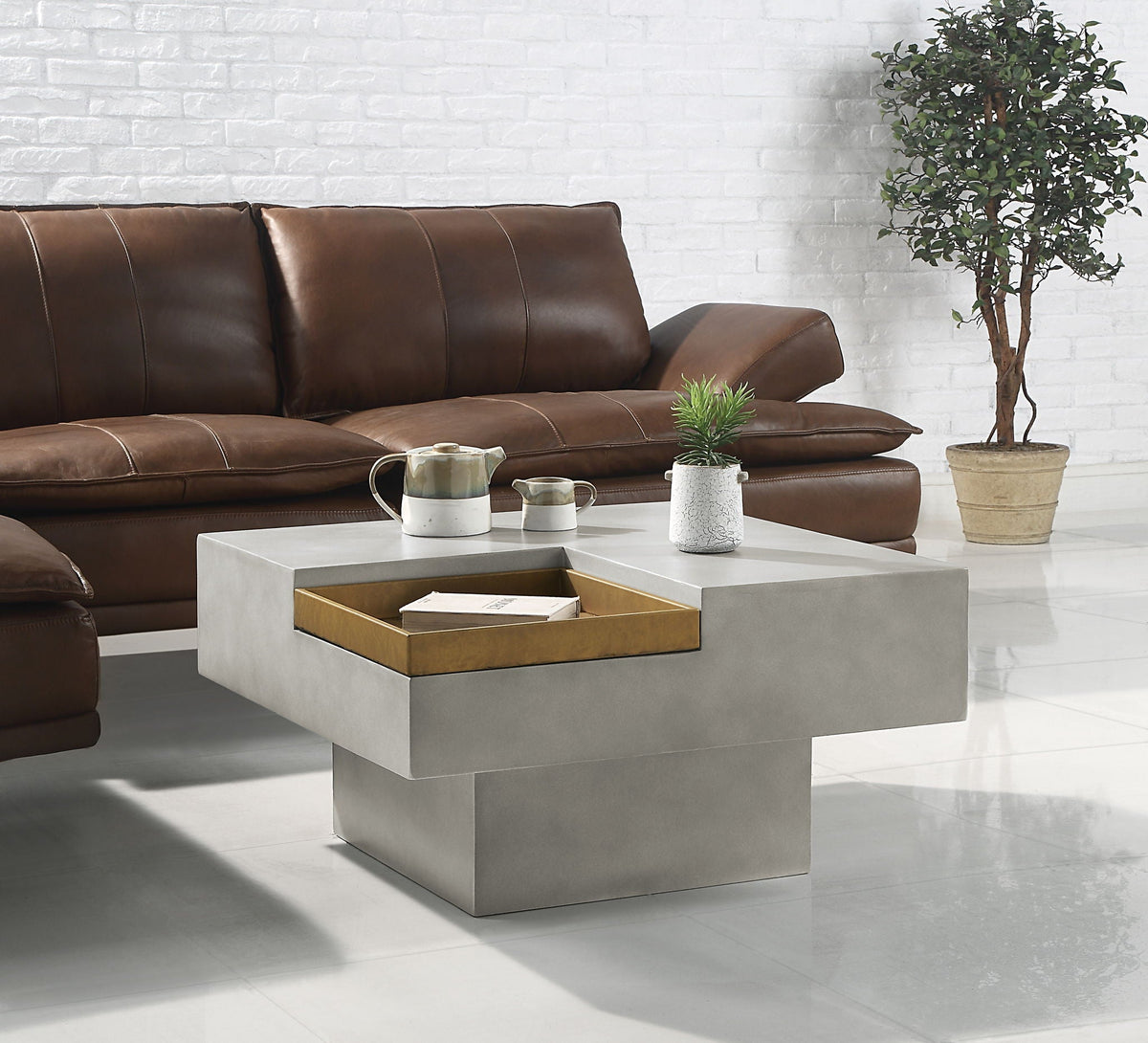 Kailano Weathered Table Gray coffee table with gold inset tray by HouseOfZazla in sofa area on Tampa Home & Garden Store