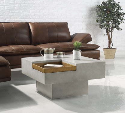 Kailano Weathered Table Gray coffee table with gold inset tray by HouseOfZazla in sofa area on Tampa Home & Garden Store