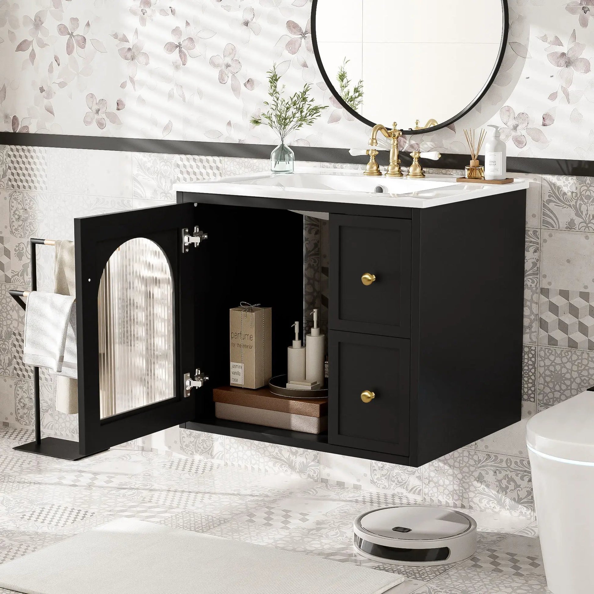 Wall-mounted vanity set with sink, black cabinet, white countertop, 2 drawers and soft-close door on Tampa Home & Garden Store