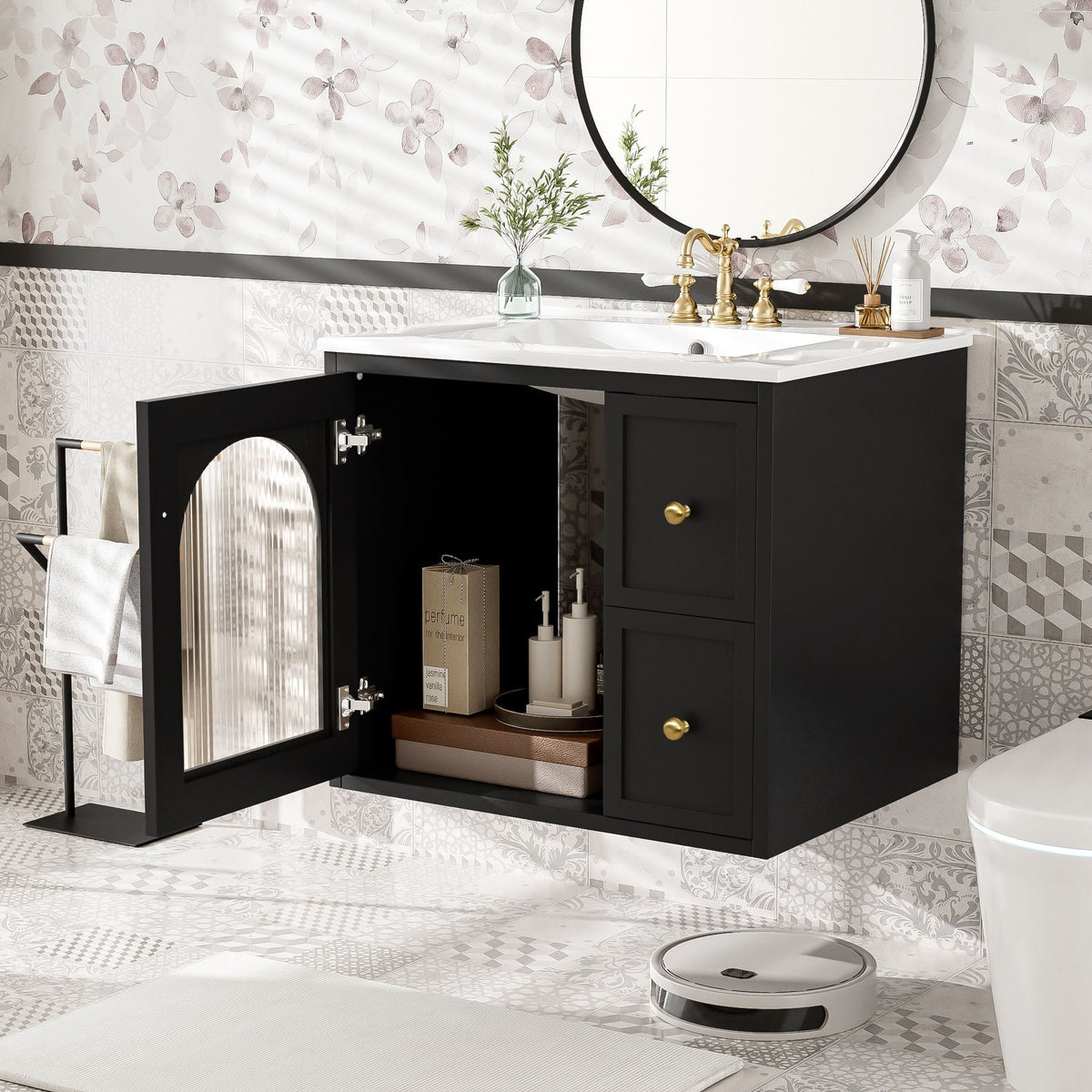 Wall-mounted vanity with ceramic sink, black cabinet, brass faucet, and soft-close drawers on Tampa Home & Garden Store