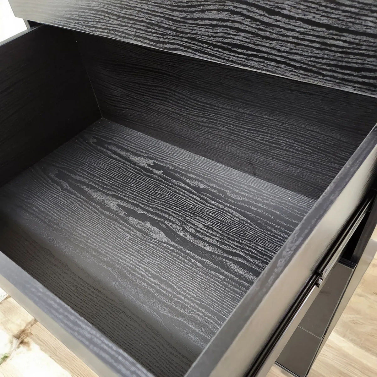 Oliver Farmhouse Jumbo Chest interior in black wood grain with 4-drawer storage HouseOfZazla on Tampa Home & Garden Store