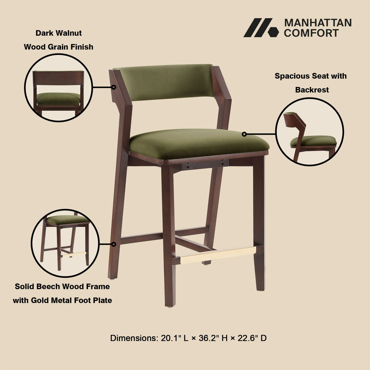 Patricia Counter Stool dark walnut wood frame with olive green upholstery 24–27 in height on Tampa Home & Garden Store