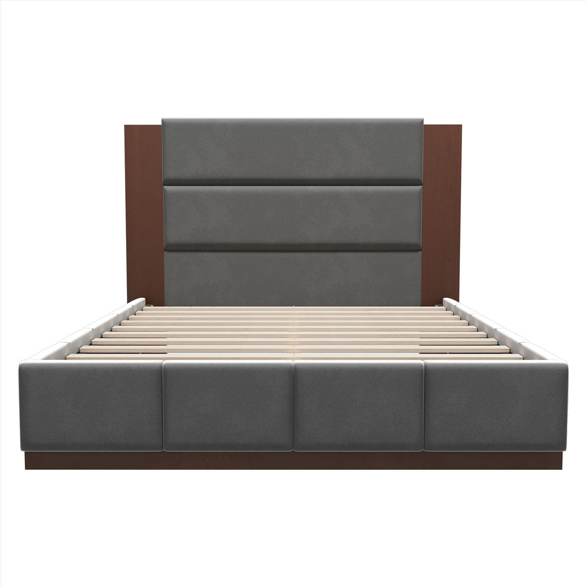 Modern upholstered platform bed with extended gray headboard and wood side rails on Tampa Home & Garden Store