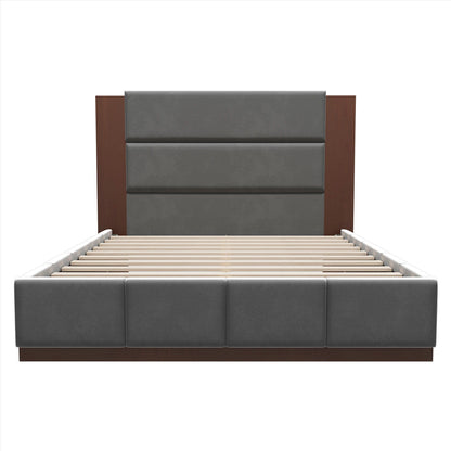 Modern upholstered platform bed with extended gray headboard and wood side rails on Tampa Home & Garden Store