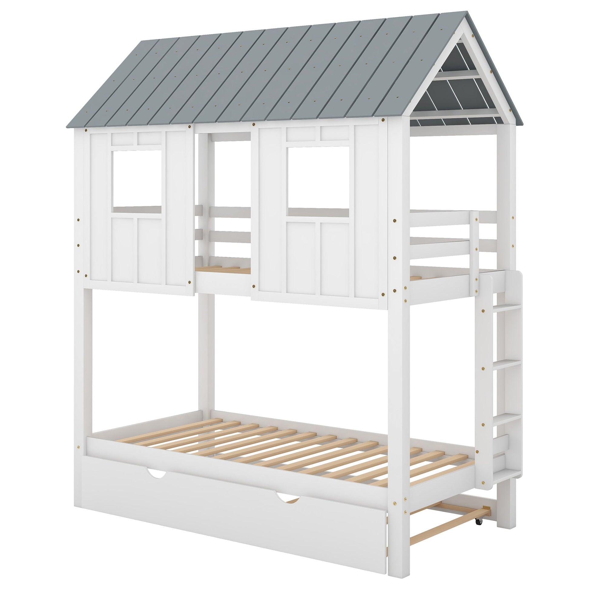 Twin size house bunk bed with gray roof, white frame, windows and pull-out trundle on Tampa Home & Garden Store