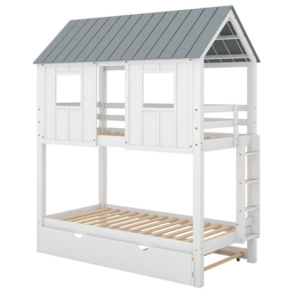 Twin size house bunk bed with gray roof, white frame, windows and pull-out trundle on Tampa Home & Garden Store