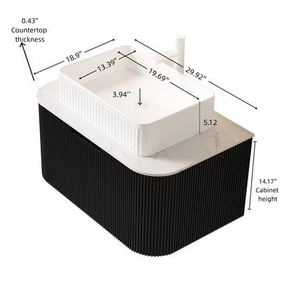 DINA 30in bathroom vanity and sink with floating curved edges, white top, black ribbed cabinet on Tampa Home & Garden Store