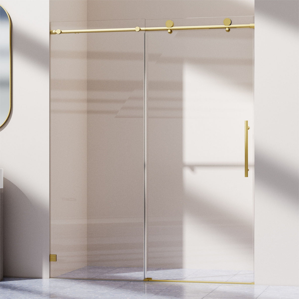 Frameless single sliding shower doors with gold-tone track and glass panels by HouseOfZazla on Tampa Home & Garden Store