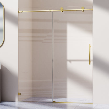 Frameless single sliding shower doors with gold-tone track and glass panels by HouseOfZazla on Tampa Home & Garden Store