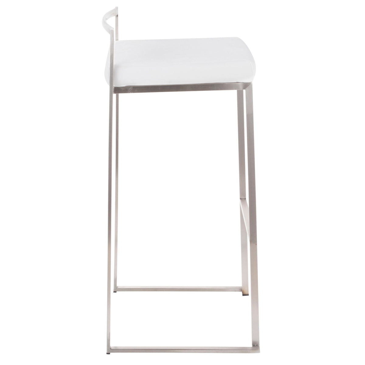 Contemporary stackable barstool set with padded white seat and stainless steel frame on Tampa Home & Garden Store