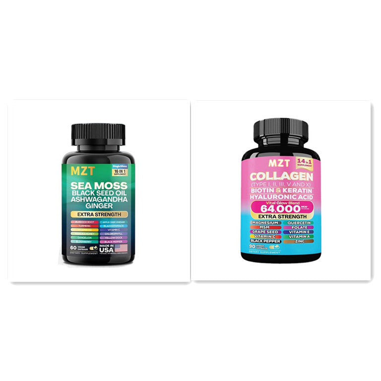 Perfecsy Collagen Capsule bottle, label with 64,000 strength beside sea moss bottle shown on Tampa Home & Garden Store
