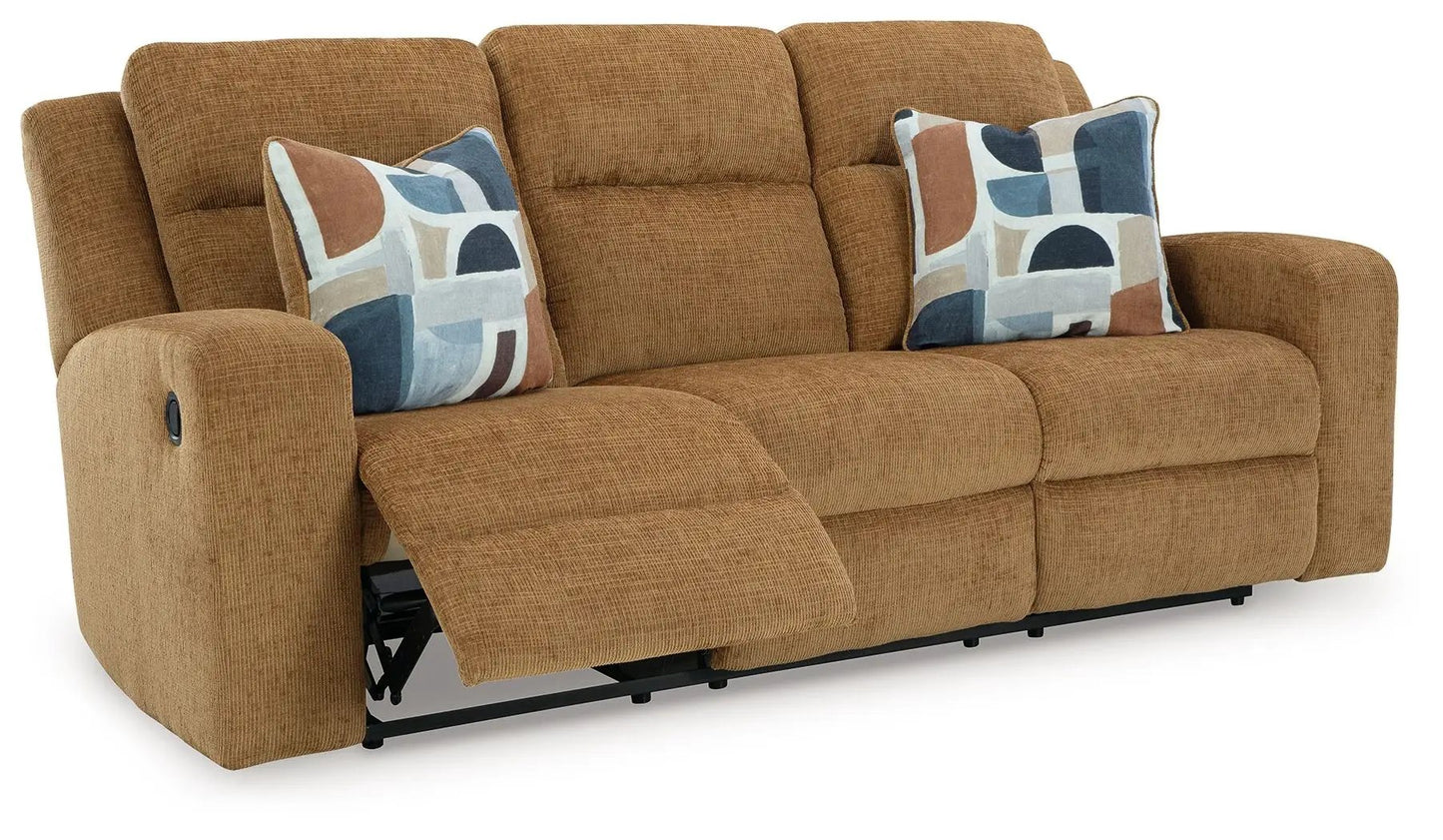 Kanlow reclining sofa tan fabric with plush cushions and metal base by Unique Piece Furniture on Tampa Home & Garden Store