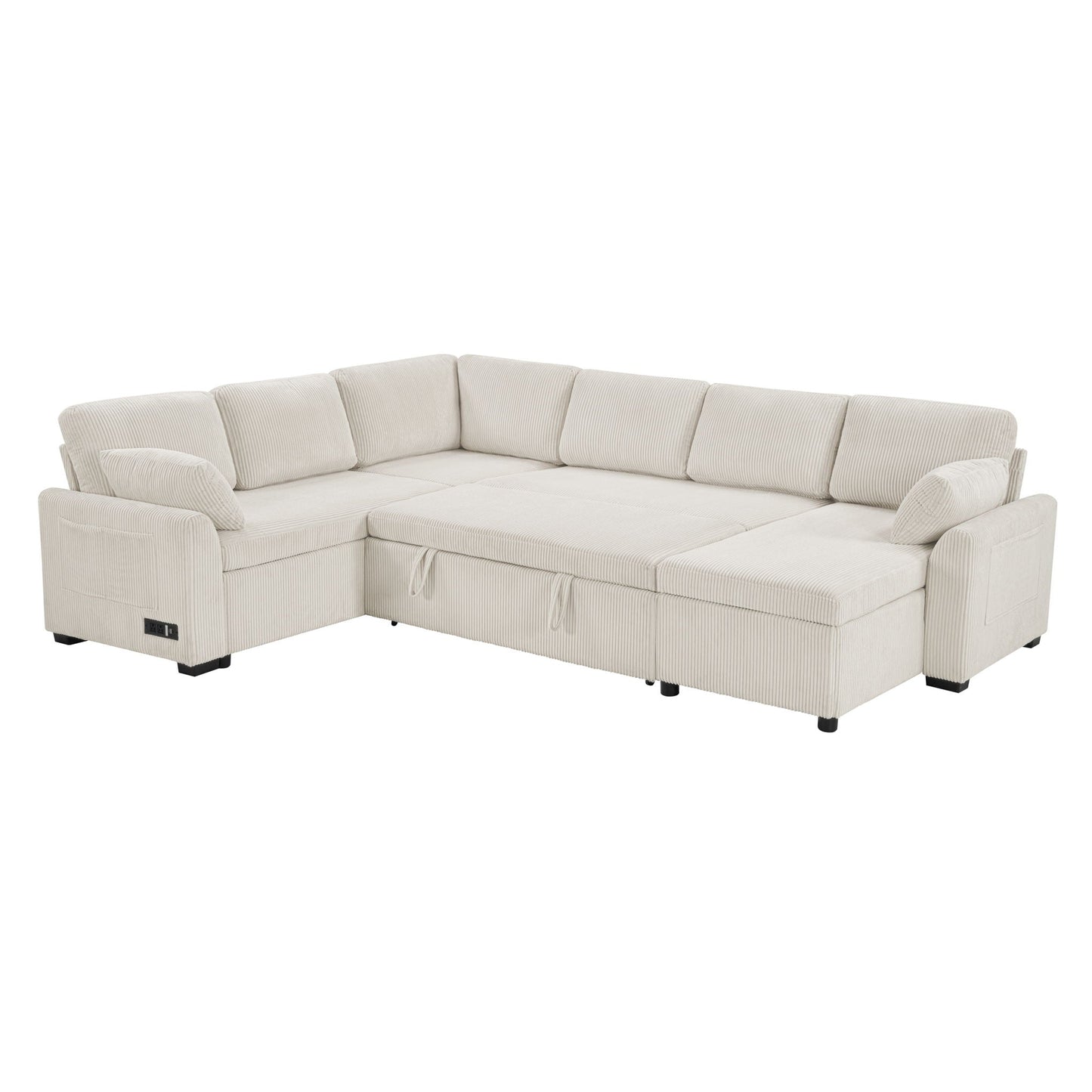 Convertible U-Shaped sectional sofa bed in beige corduroy with reversible chaise by HouseOfZazla on Tampa Home & Garden Store