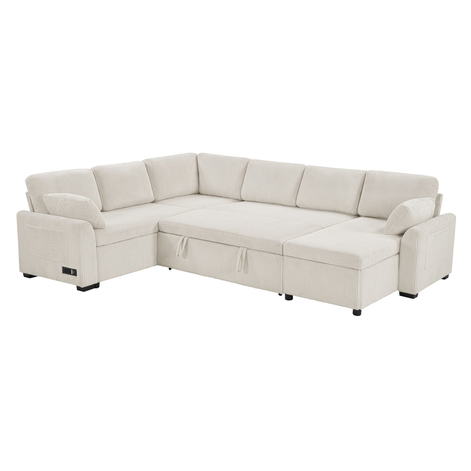 Convertible U-Shaped sectional sofa bed in beige corduroy with reversible chaise by HouseOfZazla on Tampa Home & Garden Store