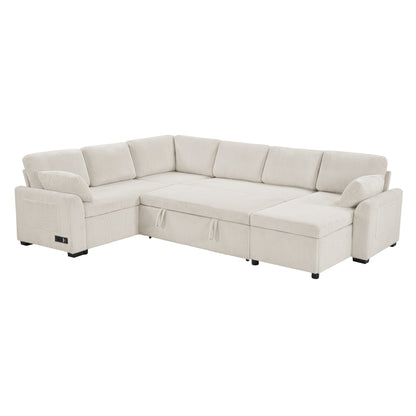 Convertible U-Shaped sectional sofa bed in beige corduroy with reversible chaise by HouseOfZazla on Tampa Home & Garden Store